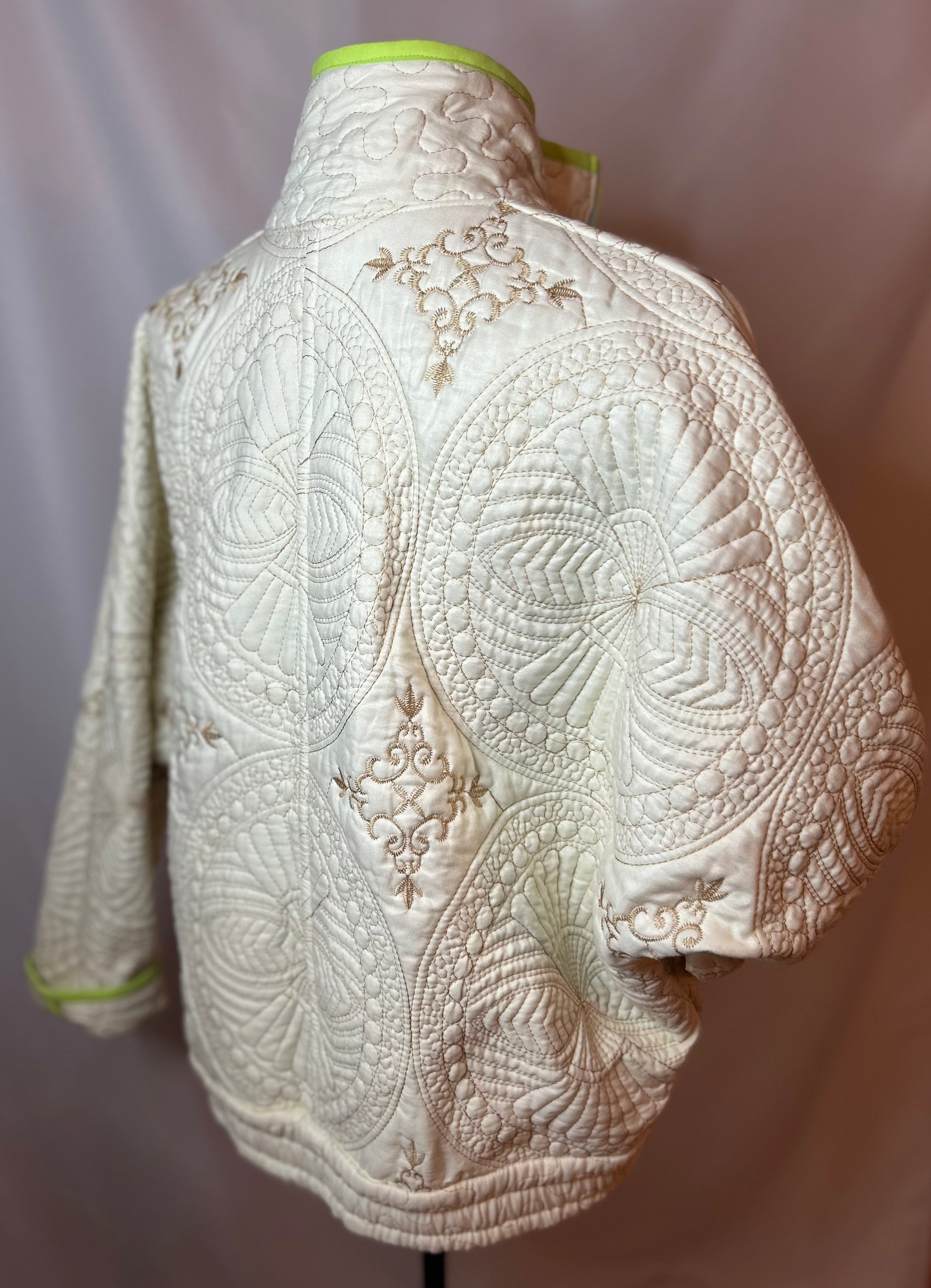 Upcycled Cream Quilted Bomber Jacket with Gold Stitching – Medium/Large