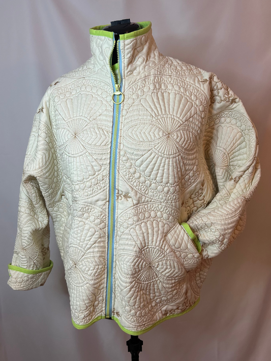 Upcycled Cream Quilted Bomber Jacket with Gold Stitching – Medium/Large
