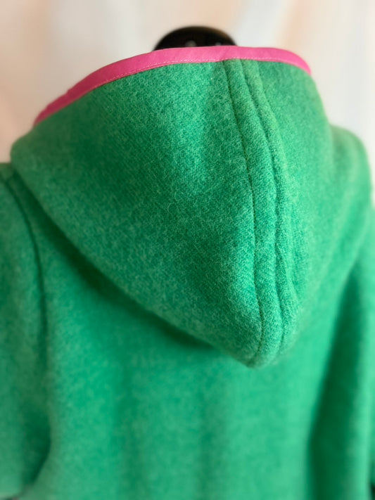 Upcycled Wool Coat, Green Pink Trim, Hooded Jacket, Sustainable Winter Outerwear