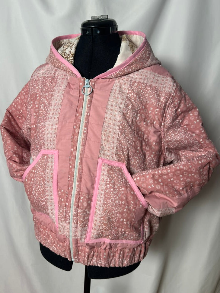 Handmade Upcycled Pink Quilt Hoodie Jacket- Sustainable and One-Of-A-Kind