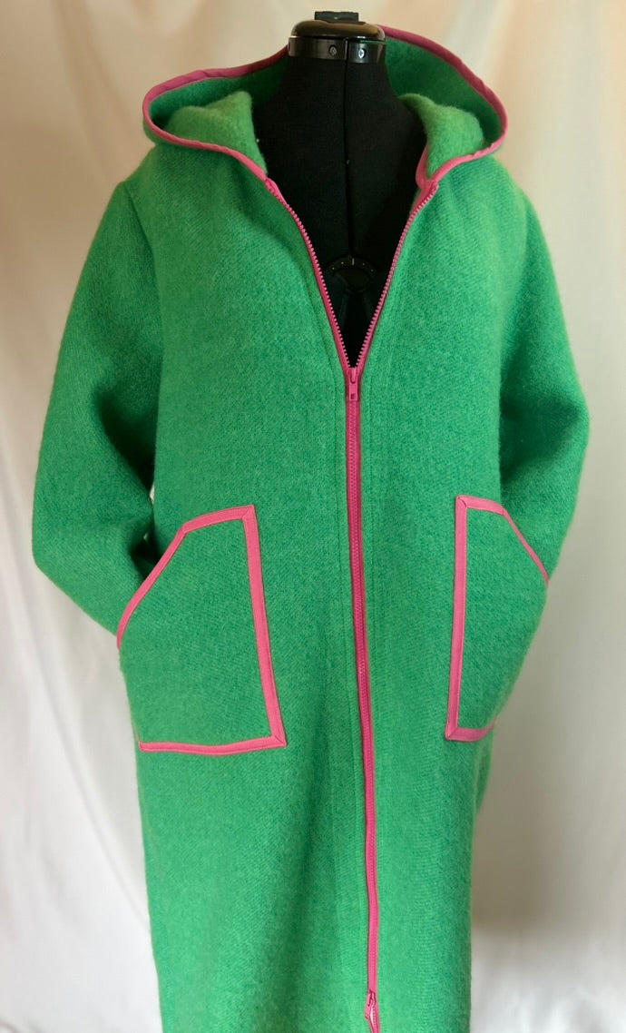 Upcycled Wool Coat, Green Pink Trim, Hooded Jacket, Sustainable Winter Outerwear
