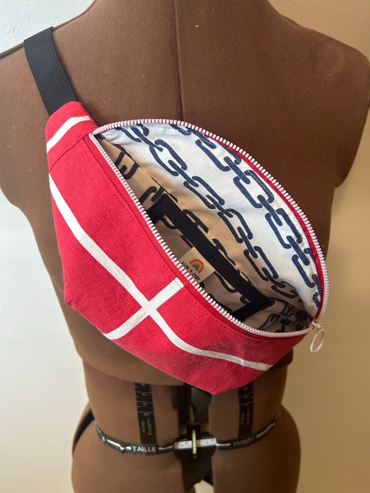 Handmade Upcycled Nautical Fanny Pack, Red & White