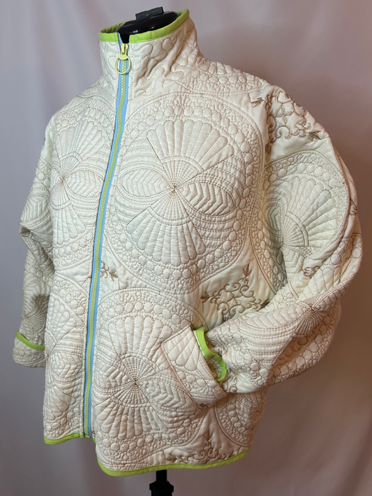 Upcycled Cream Quilted Bomber Jacket with Gold Stitching – Medium/Large