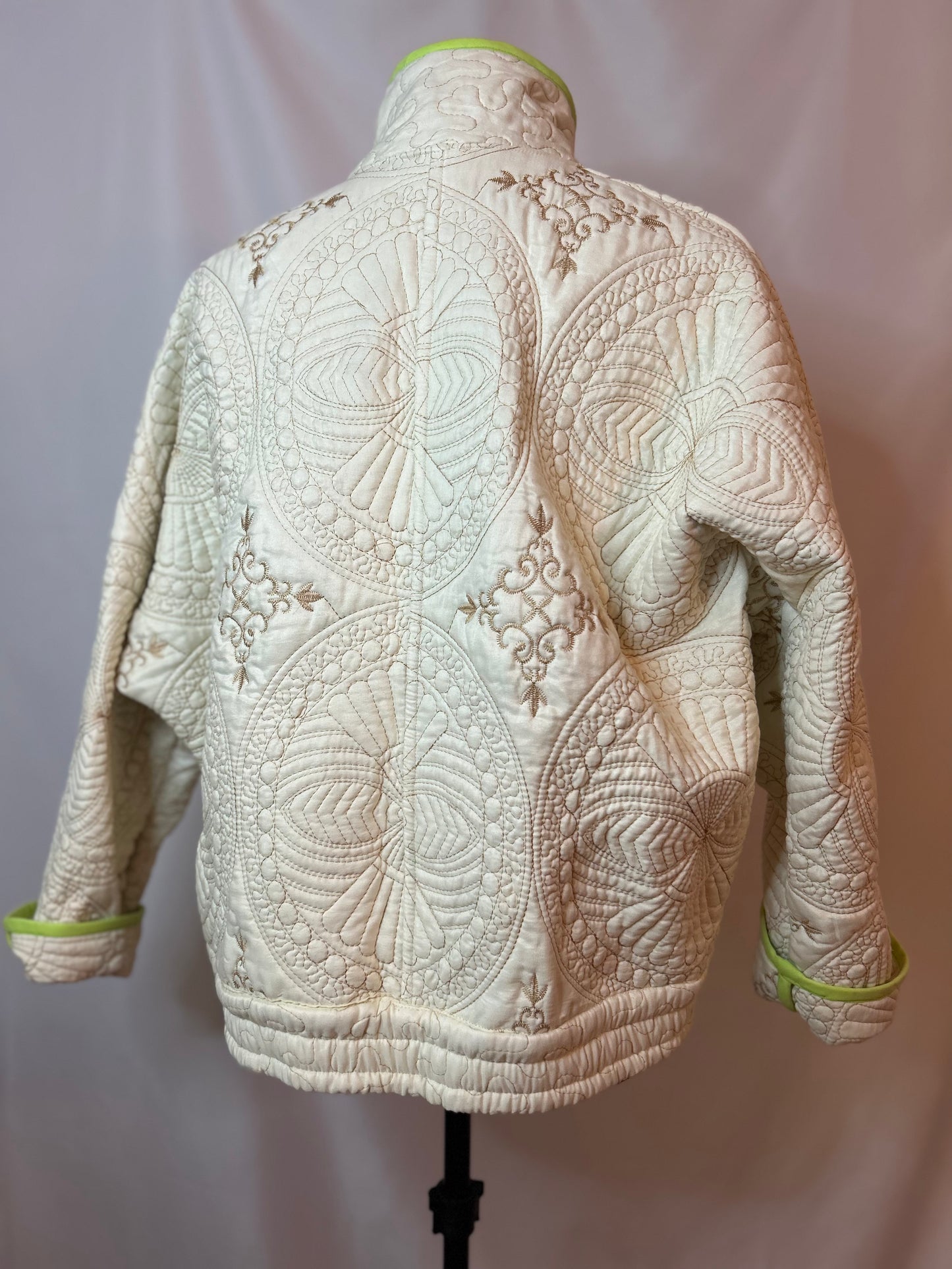 Upcycled Cream Quilted Bomber Jacket with Gold Stitching – Medium/Large