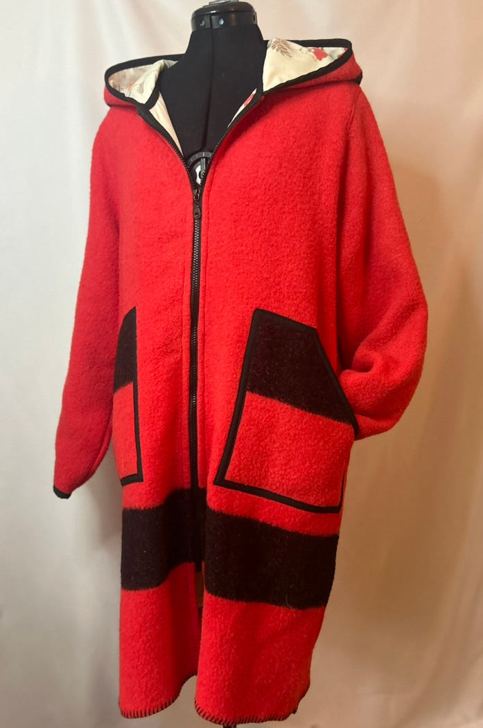 Upcycled Red and Black Vintage Wool Blanket Coat