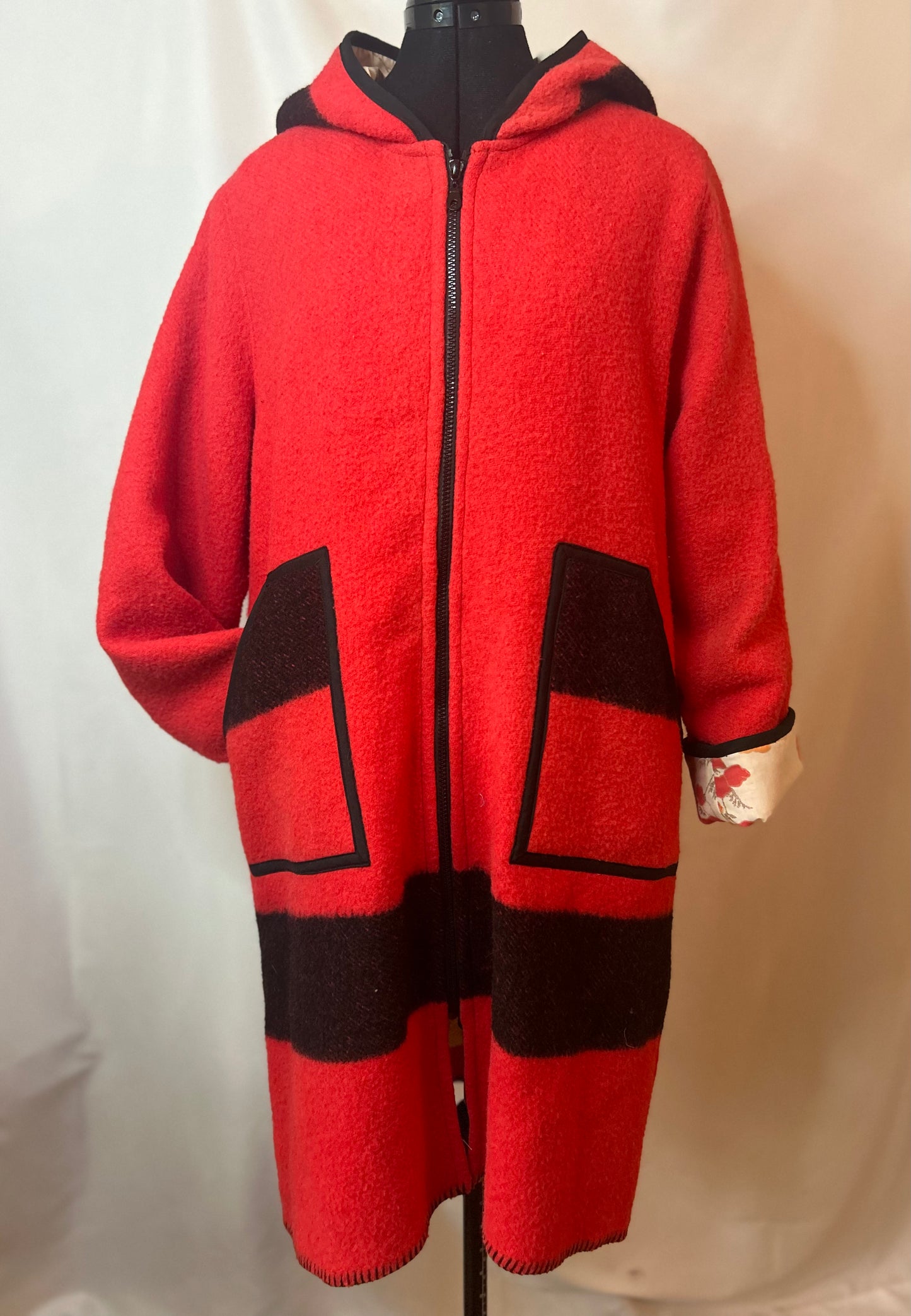 Upcycled Red and Black Vintage Wool Blanket Coat