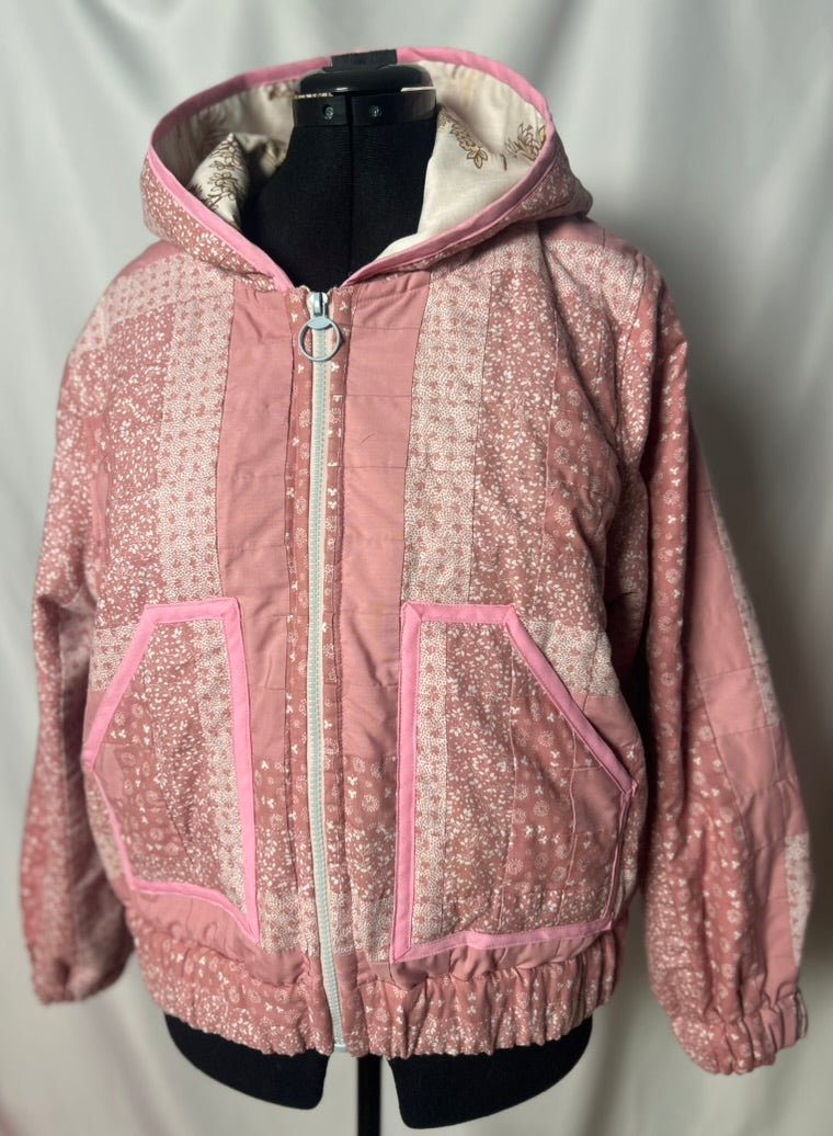 Handmade Upcycled Pink Quilt Hoodie Jacket- Sustainable and One-Of-A-Kind