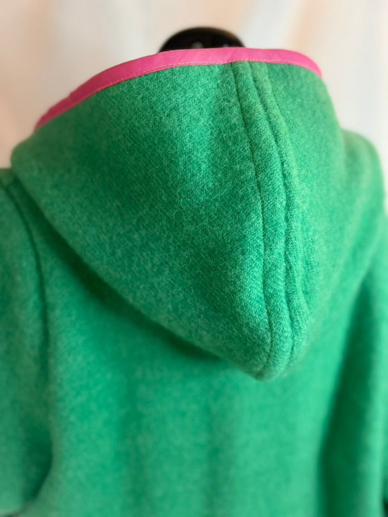 Upcycled Wool Coat, Green Pink Trim, Hooded Jacket, Sustainable Winter Outerwear