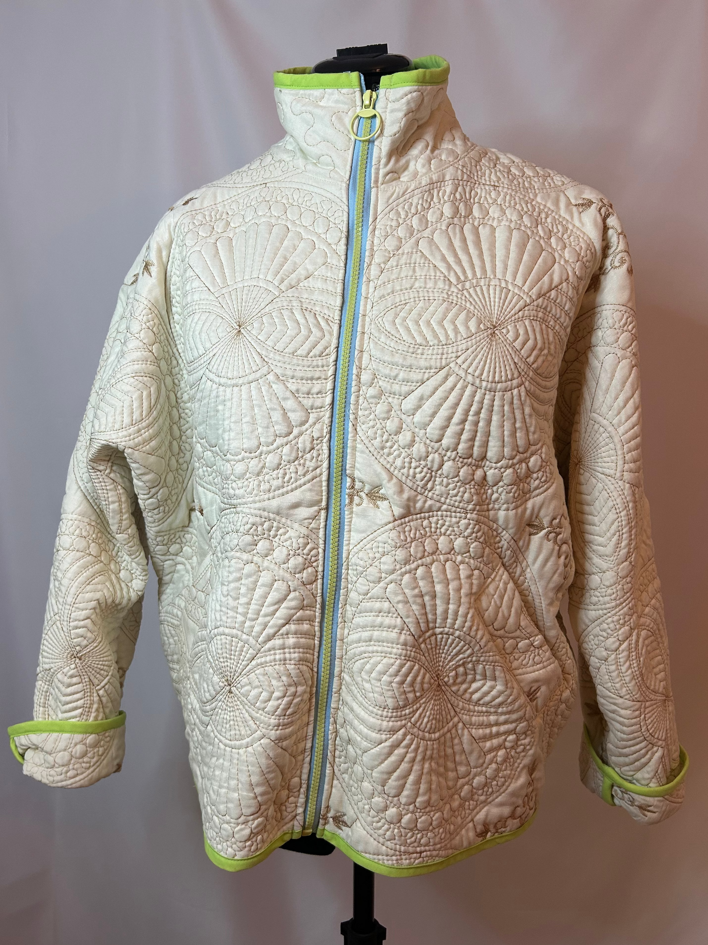 Upcycled Cream Quilted Bomber Jacket with Gold Stitching – Medium/Large