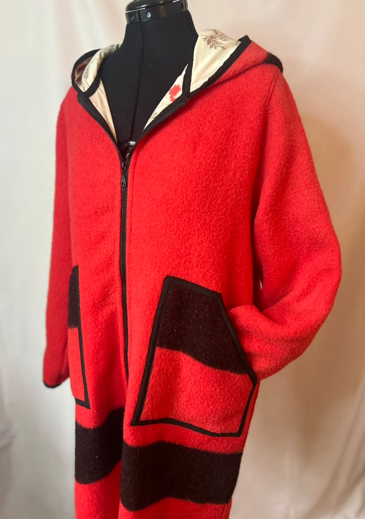Upcycled Red and Black Vintage Wool Blanket Coat