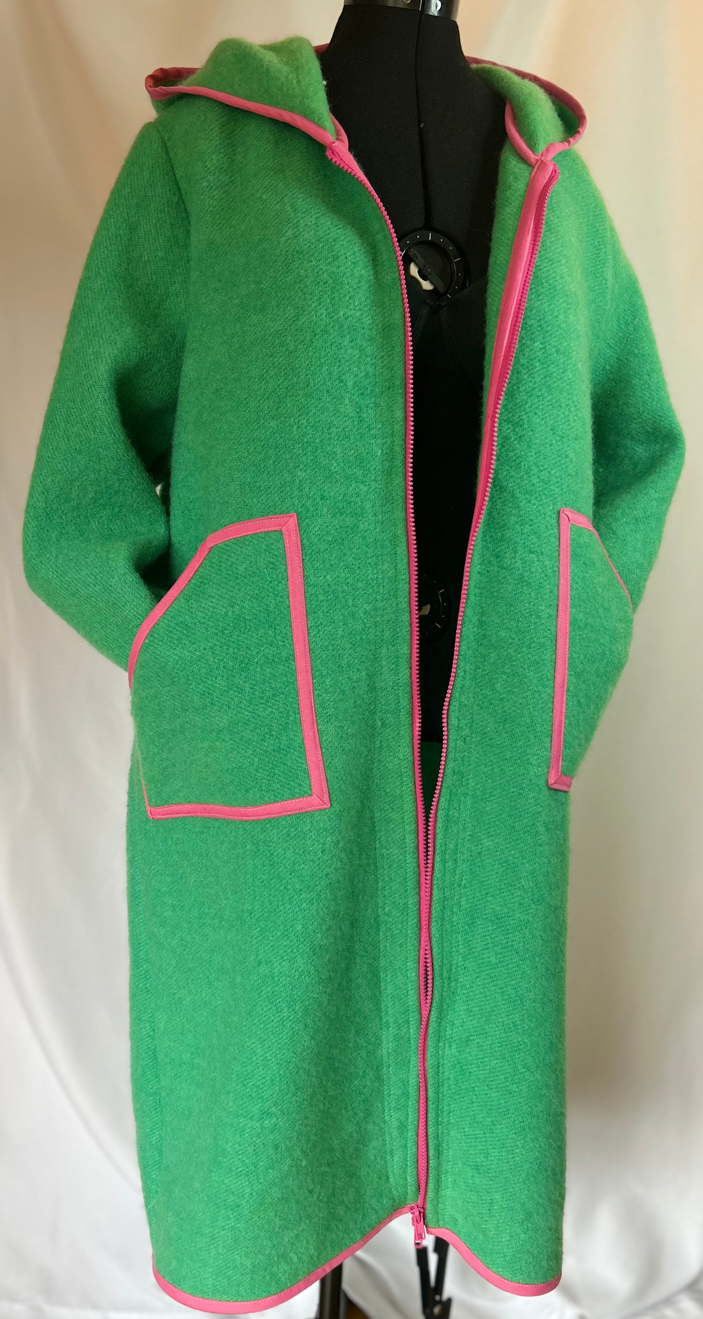 Upcycled Wool Coat, Green Pink Trim, Hooded Jacket, Sustainable Winter Outerwear