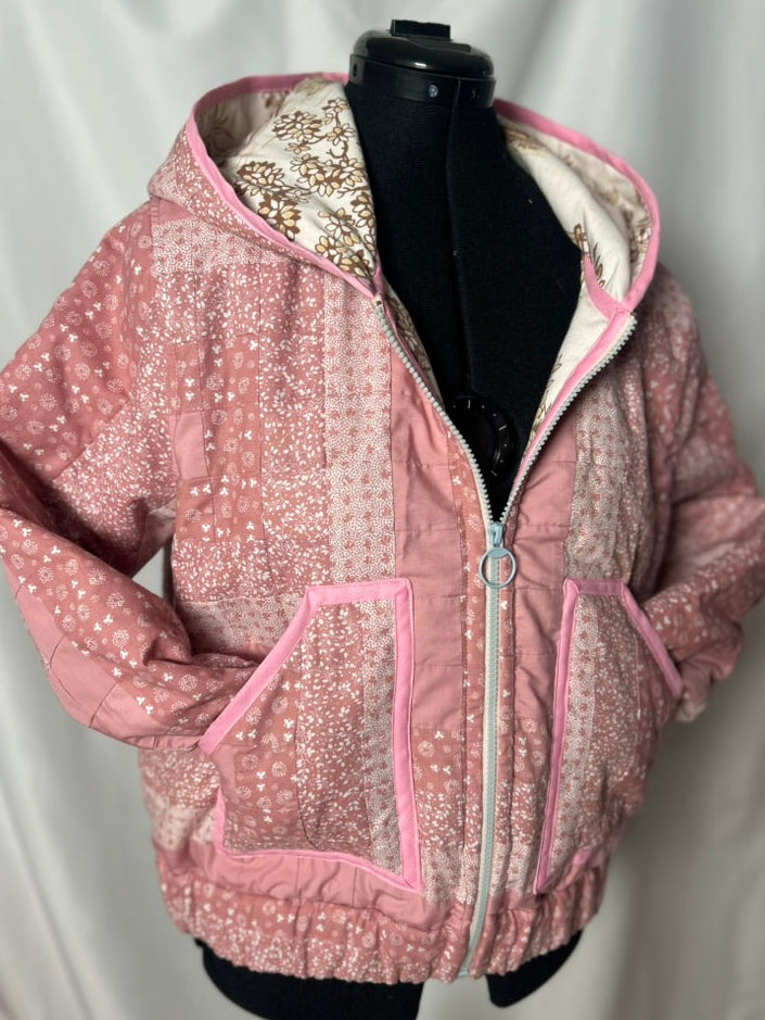Handmade Upcycled Pink Quilt Hoodie Jacket- Sustainable and One-Of-A-Kind