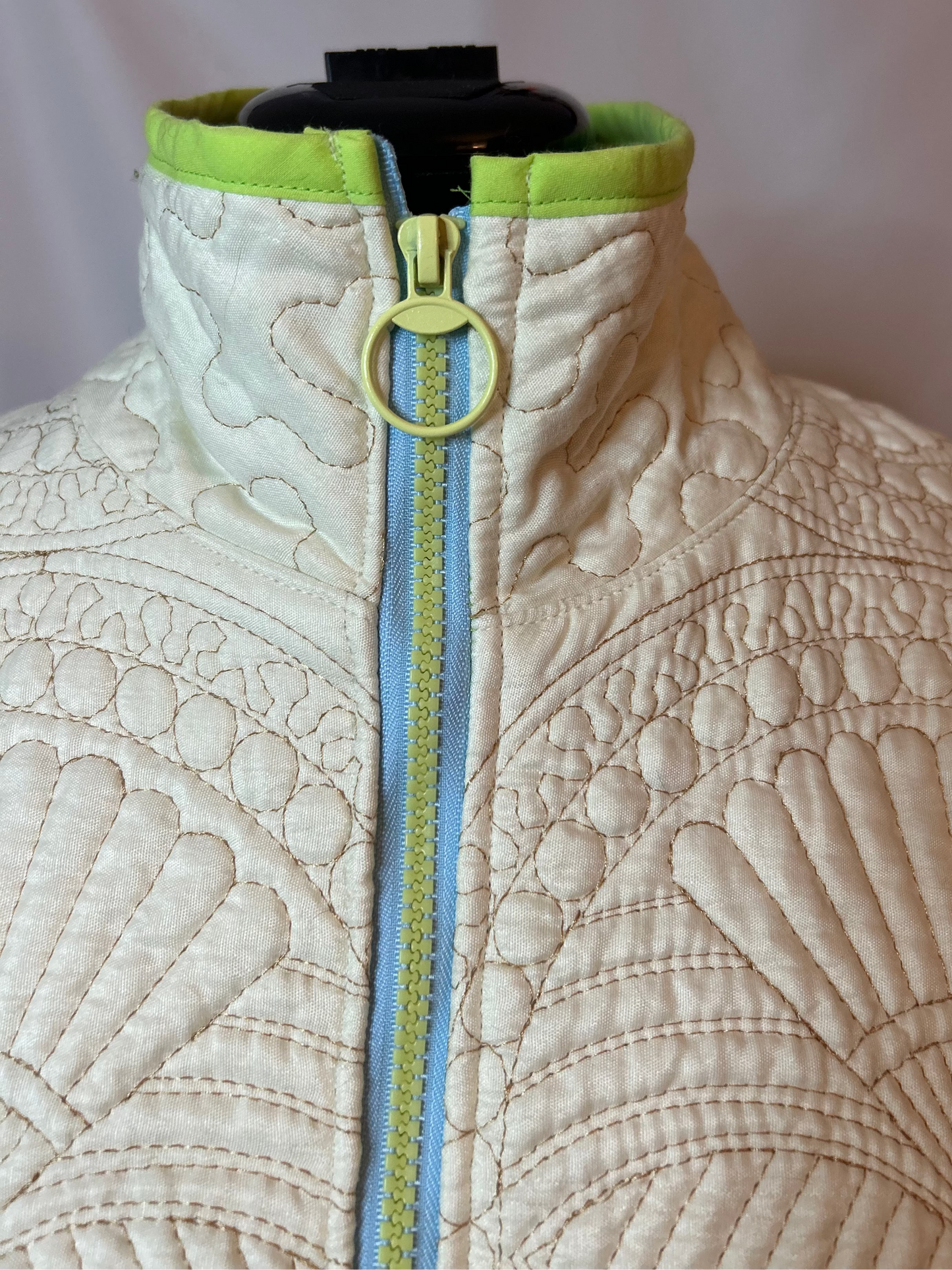 Upcycled Cream Quilted Bomber Jacket with Gold Stitching – Medium/Large