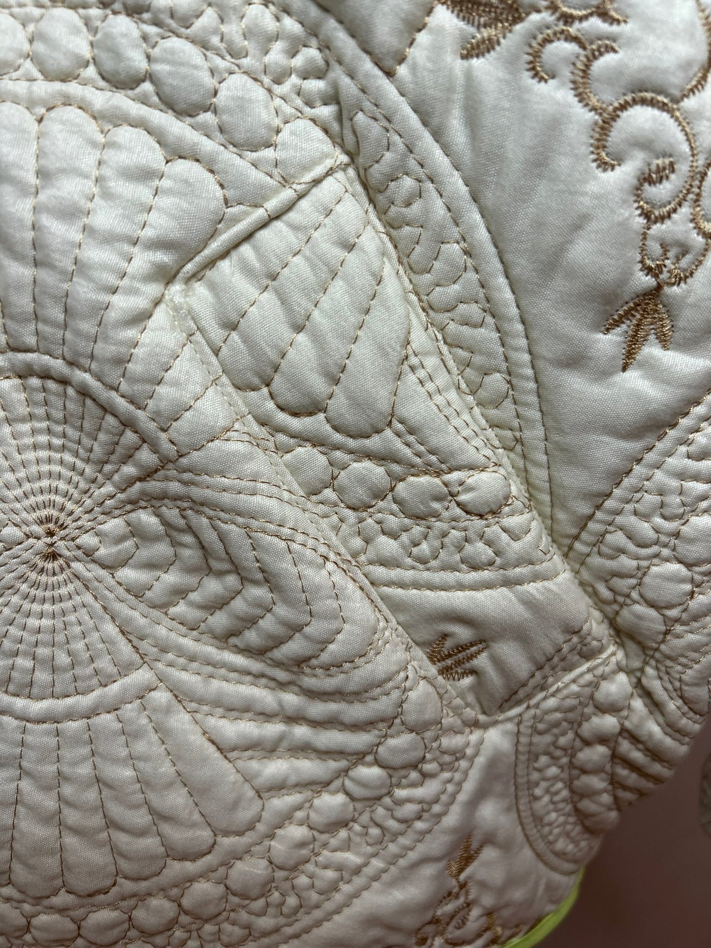 Upcycled Cream Quilted Bomber Jacket with Gold Stitching – Medium/Large