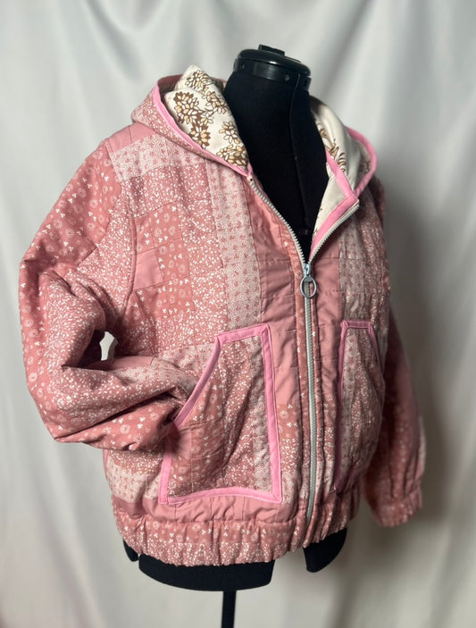 Handmade Upcycled Pink Quilt Hoodie Jacket- Sustainable and One-Of-A-Kind