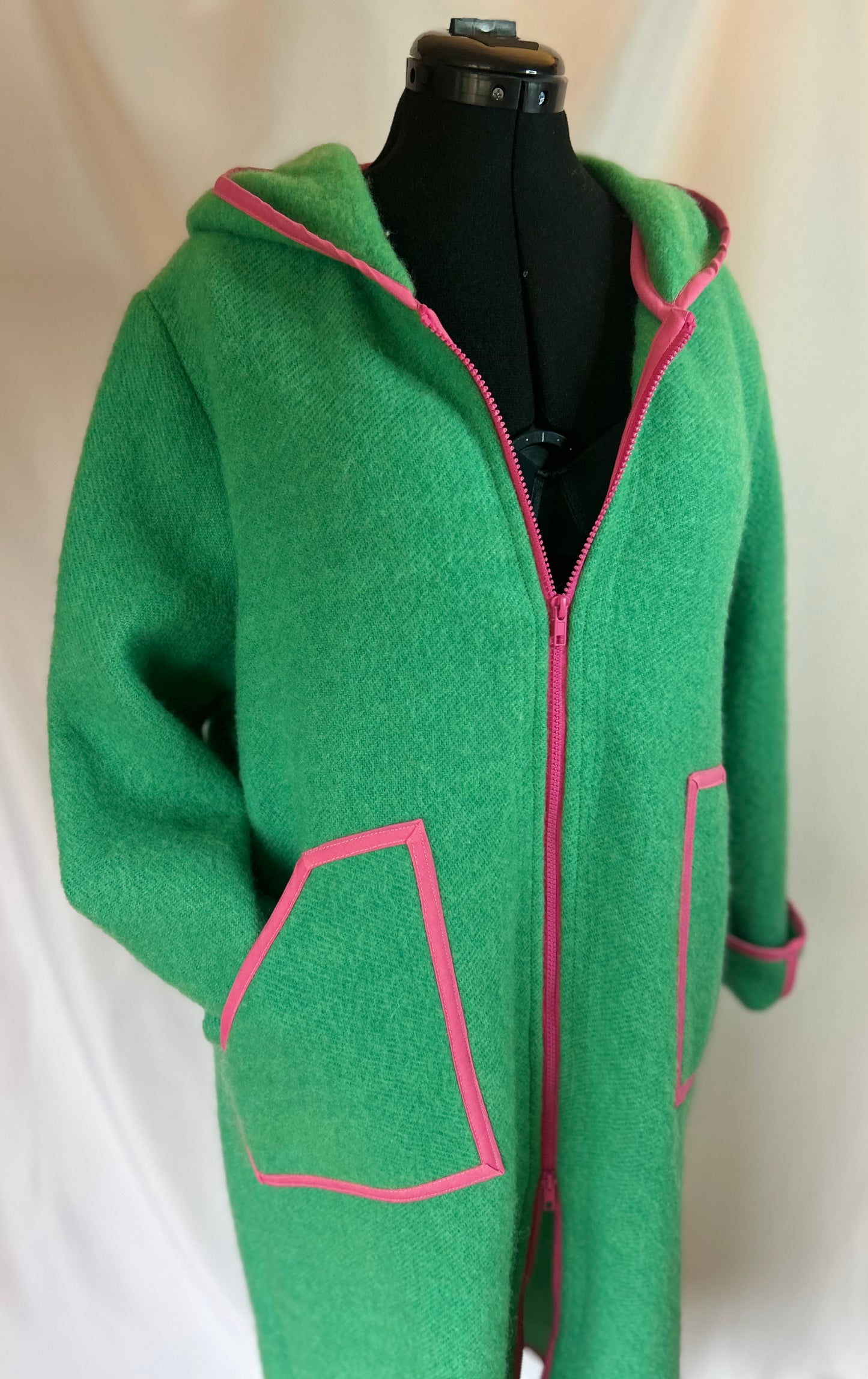 Upcycled Wool Coat, Green Pink Trim, Hooded Jacket, Sustainable Winter Outerwear