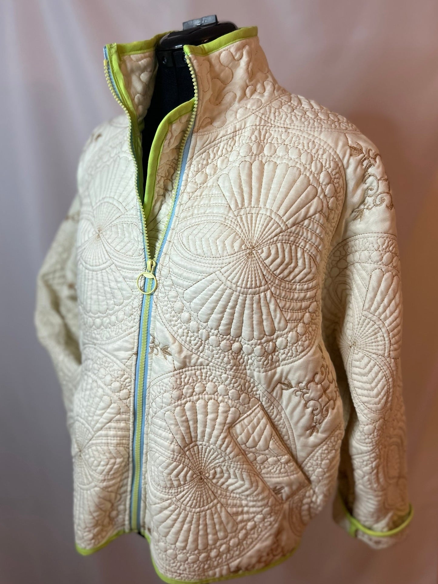 Upcycled Cream Quilted Bomber Jacket with Gold Stitching – Medium/Large