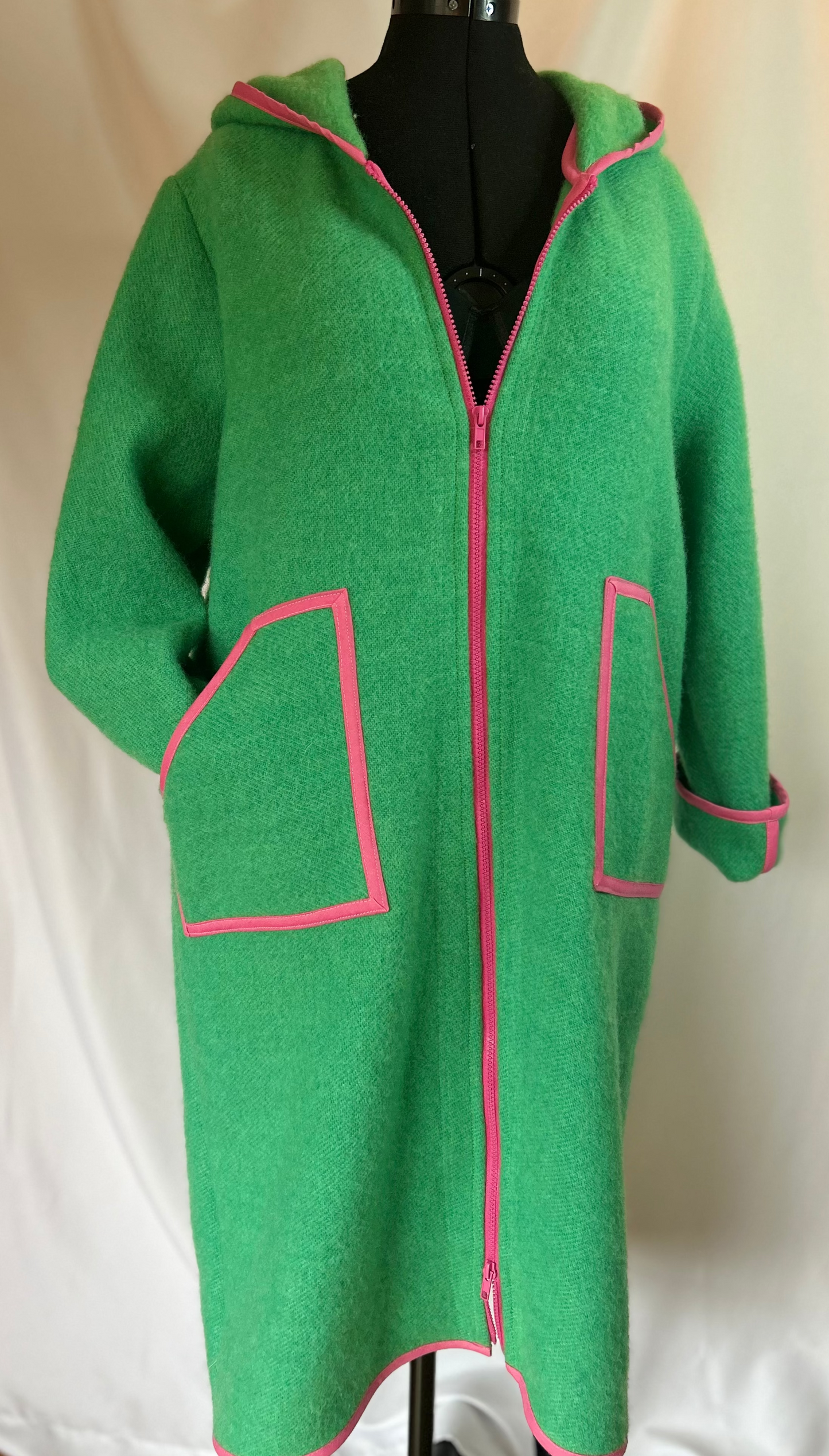 Upcycled Wool Coat, Green Pink Trim, Hooded Jacket, Sustainable Winter Outerwear