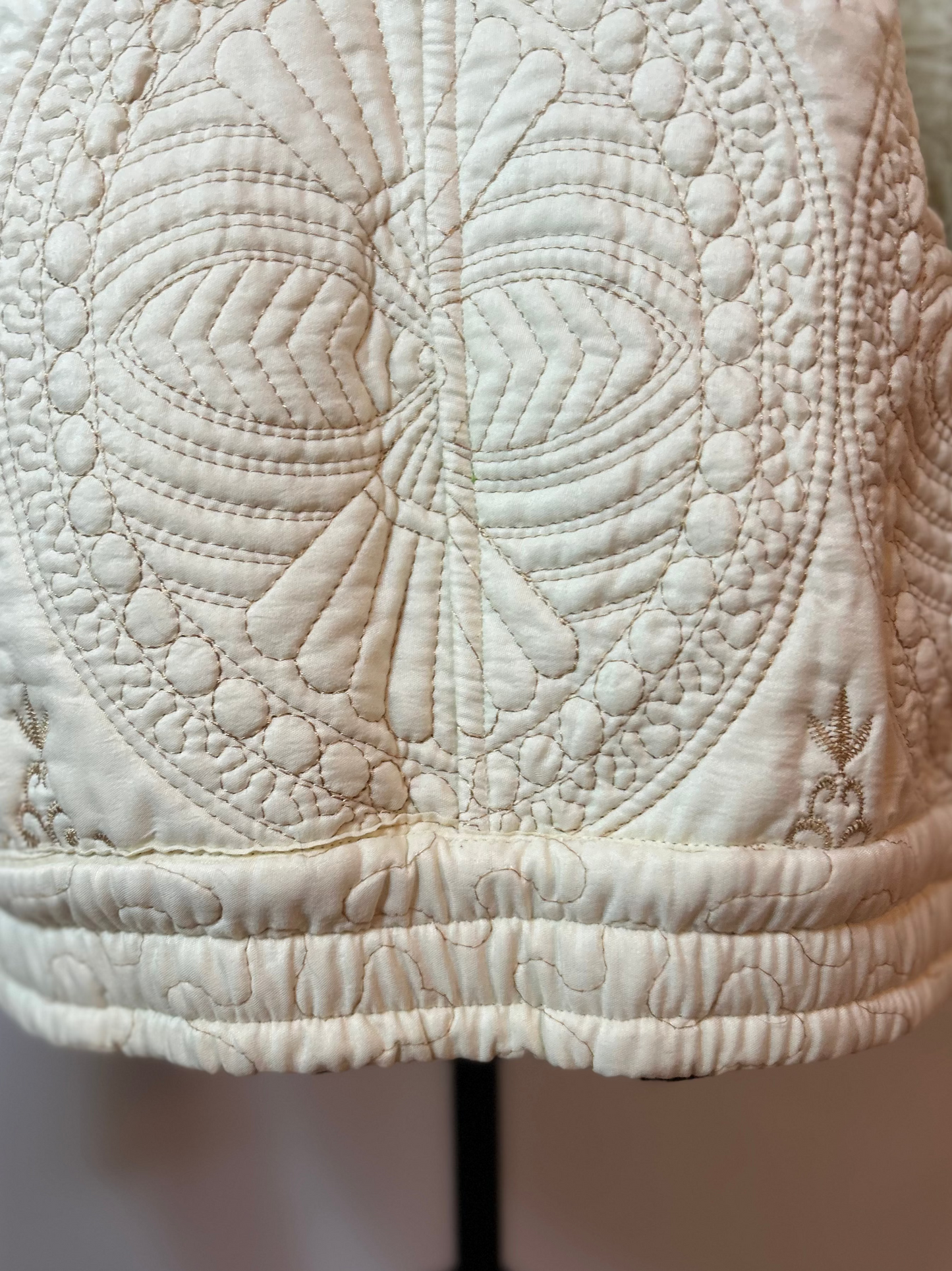 Upcycled Cream Quilted Bomber Jacket with Gold Stitching – Medium/Large