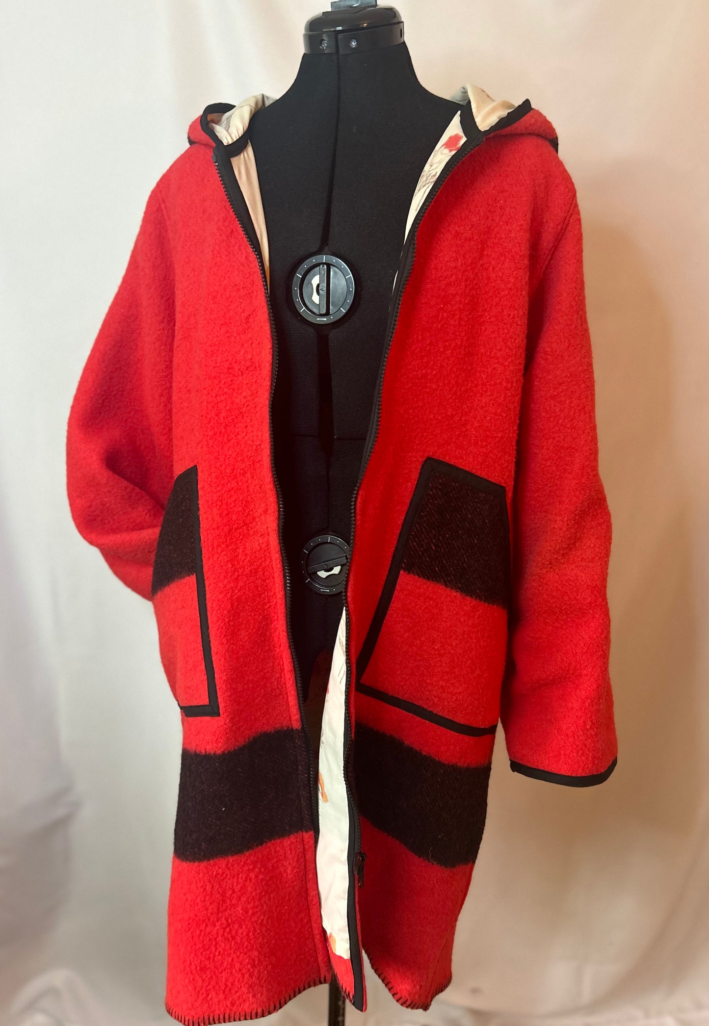 Upcycled Red and Black Vintage Wool Blanket Coat