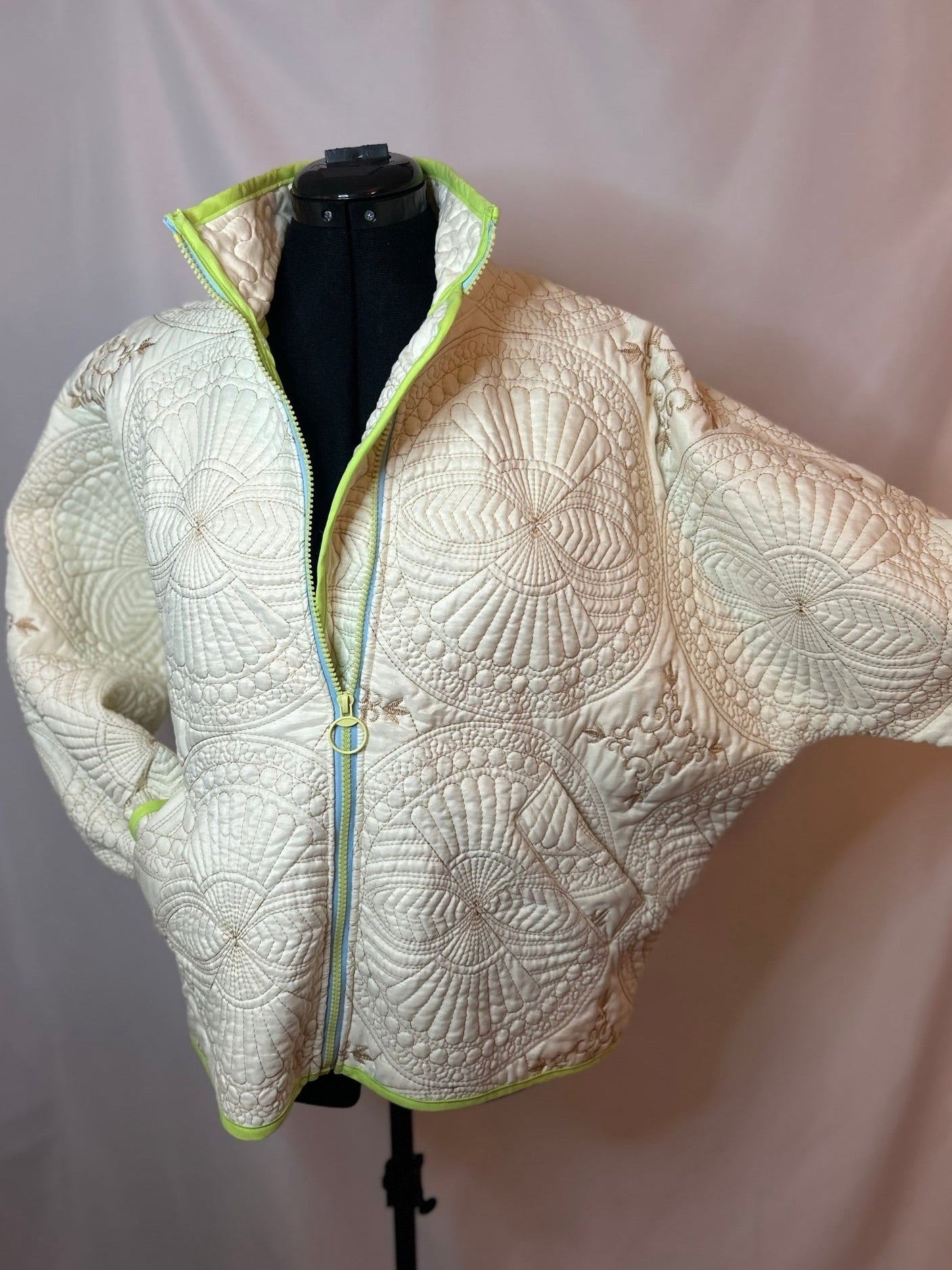 Upcycled Cream Quilted Bomber Jacket with Gold Stitching – Medium/Large