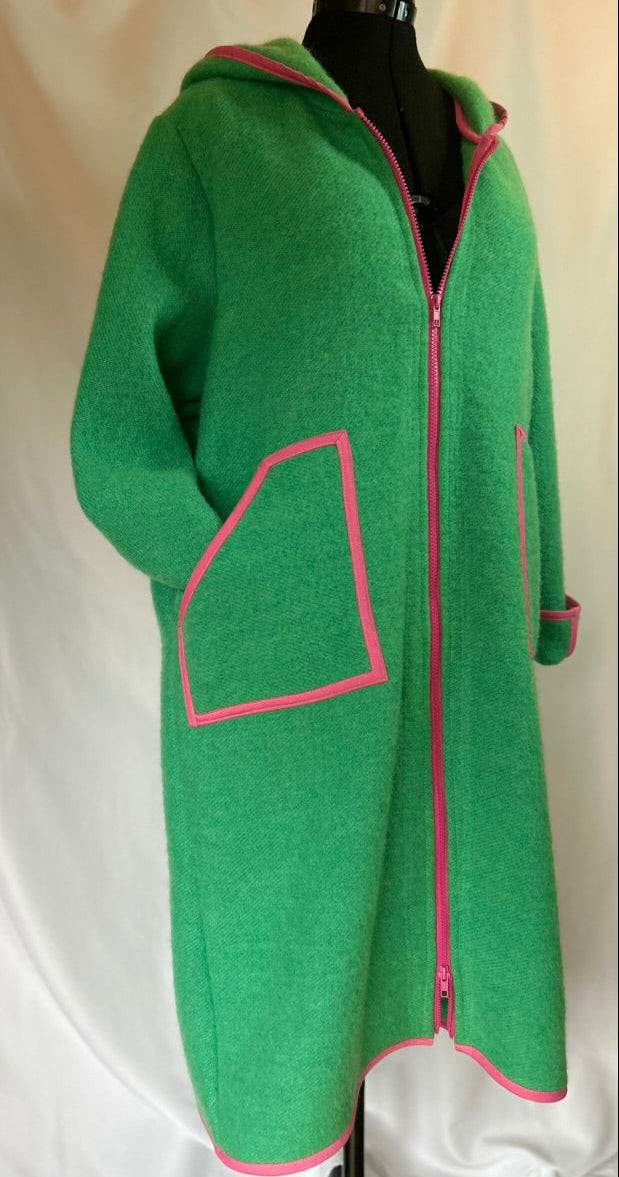 Upcycled Wool Coat, Green Pink Trim, Hooded Jacket, Sustainable Winter Outerwear