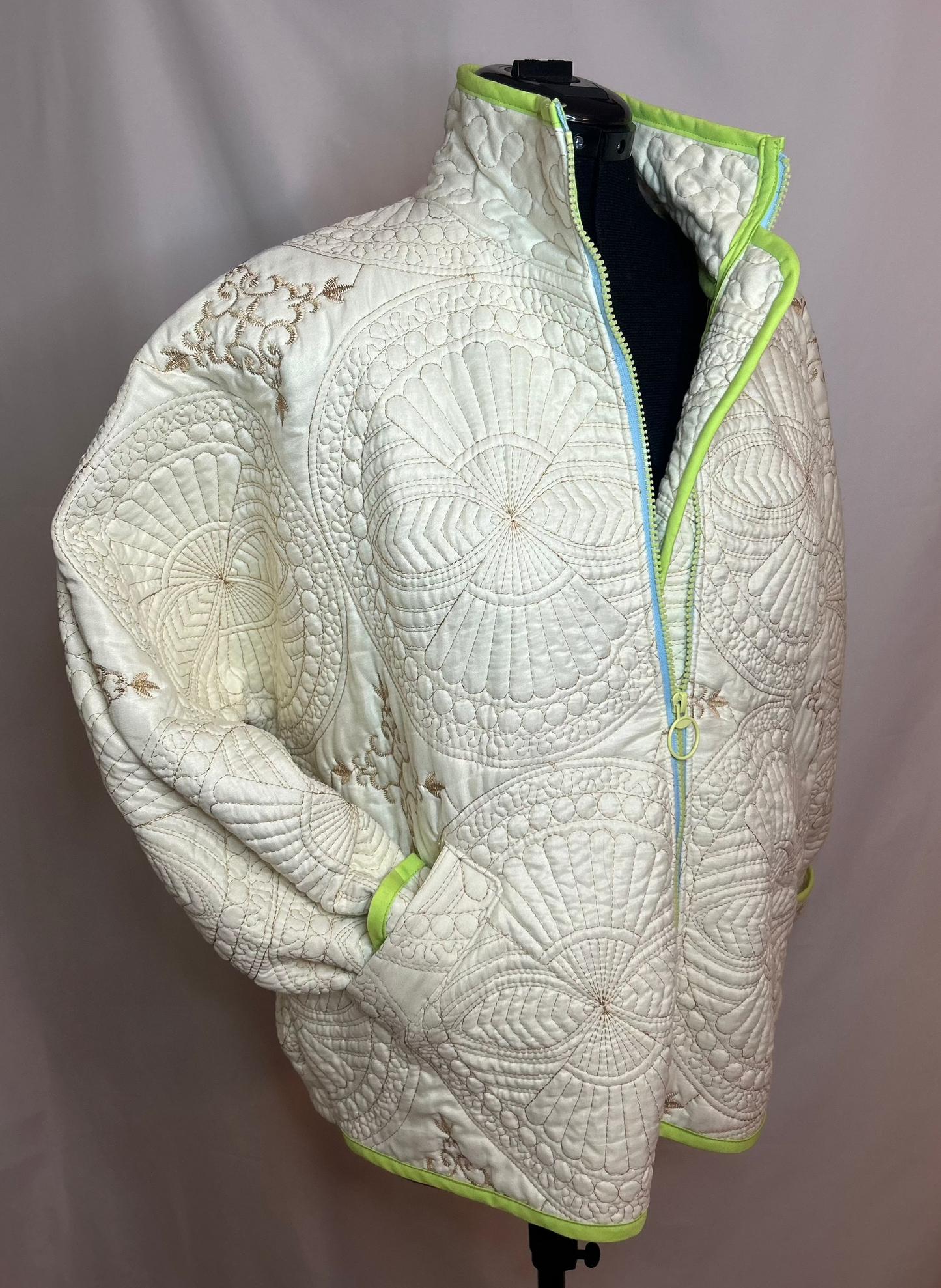 Upcycled Cream Quilted Bomber Jacket with Gold Stitching – Medium/Large