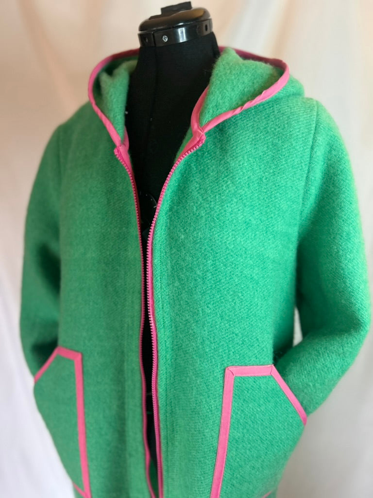 Upcycled Wool Coat, Green Pink Trim, Hooded Jacket, Sustainable Winter Outerwear