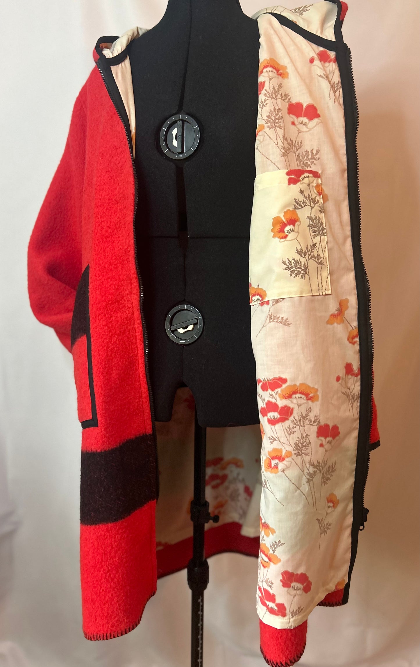 Upcycled Red and Black Vintage Wool Blanket Coat